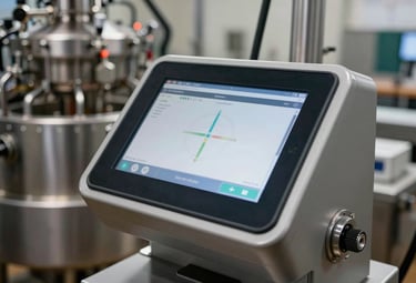 A close-up shot of a sophisticated touchscreen control panel on a modern North American / Canadian food processing line. The lighting is bright and emphasizes high-tech efficiency.