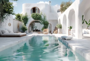 Long narrow pool with soft teal water and white mosaic tiling in a curved Mediterranean courtyard de
