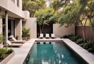 Rectangular modern pool with deep teal water and light concrete edging, framed by lush greenery.