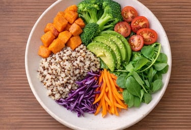 An inviting dinner plate with colorful, healthy food ready to serve.