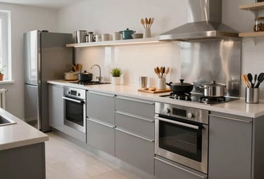A bright and functional shared kitchen in a modern apartment building designed for worker project teams. Multiple cooking stations, stainless steel appliances, and a clean, organized layout. Zentraleuropäisch / Deutsch style.