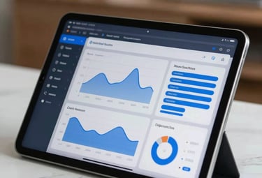 A close-up photograph of a tablet screen displaying a clean, professional software analytics dashboard with blue and dark slate elements, set on a white marble surface in a modern North American home office.
