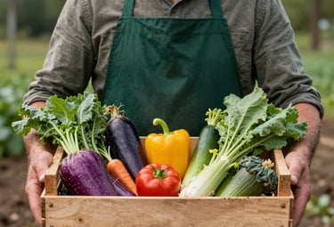 A portrait of a local farmer in a matte forest green apron, holding a wooden crate of colorful, organic vegetables. The lighting is soft and natural, emphasizing the texture of the soil and the fresh produce.
