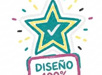 Garabato de una estrella turquesa con una marca de verificación y el texto Diseño 100% Original para