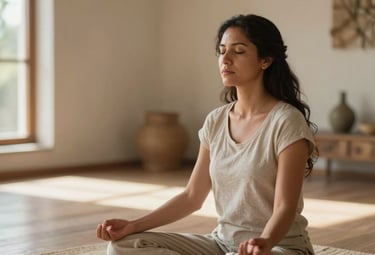 A serene Latin American woman in her late 30s meditating peacefully in a sunlit, minimalist indoor space, with soft, diffused light streaming through a window. She is sitting on a cushion, eyes gently closed, with a calm expression. The background is blurred, showing hints of warm, earthy tones and natural textures, creating a tranquil and inviting atmosphere. Professional photography, soft focus, warm color palette, empathetic mood. Composition uses the rule of thirds, with the woman positioned to one side, leaving ample calm space on the other side of the frame.