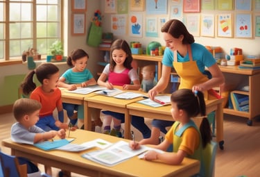 Children learning English through interactive games.