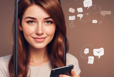 una mujer en paz y armonía mientras tiene cu celular en la mano