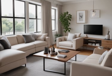 A multi-story apartment building with a distinctive red and white checkered facade. The structure is positioned on the left side of the image, leaving a large expanse of overcast sky to the right. The building features balconies, windows, and a sign indicating something is for rent or sale.