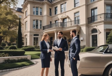 A storefront of a luxury brand with the name prominently displayed above the entrance. Large glass windows show elegant interior lighting and displays. Vehicles are blurred in motion on the street, and trees are visible on either side.