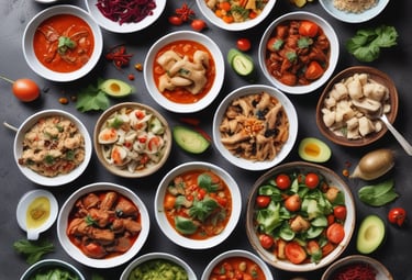 An arrangement of skincare or wellness products placed on a light surface, surrounded by natural elements such as leaves and assorted stones. The products include bottles with pump tops, jars, a spray, and a stick, each with minimalist labels in earthy tones. Dried plant material and small colorful pebbles add a rustic and organic touch.