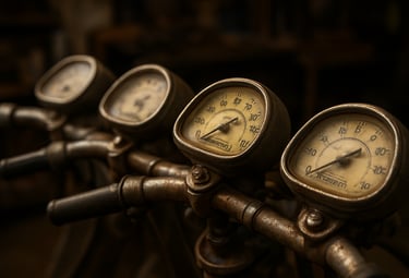 A close-up photograph focusing on a row of authentic vintage Lambretta speedometers and handlebars. The materials are metal and glass, showing beautiful aging. Soft lighting in a Brazilian workshop setting.