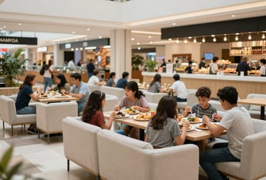 A clean and inviting food court in a South American / Argentinian shopping mall. The furniture is soft off-white, and the space is filled with warm, natural light. Families are enjoying diverse meals together in a modern setting.
