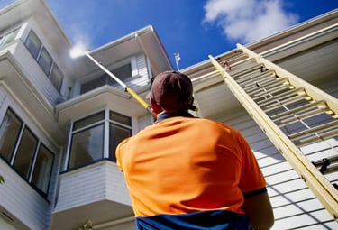 a man standing in front of a house using house soft wash technic