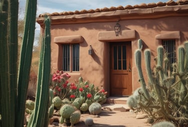 Rustic southwestern adobe home with a desert garden featuring saguaro and flowering prickly pear cacti.