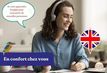 a woman with headphones & a speech bubble learning English.