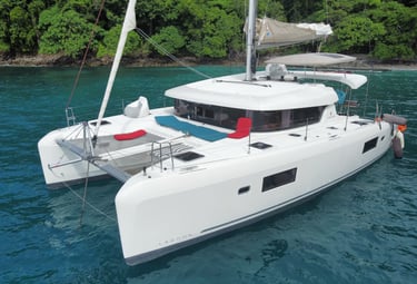 Kephas luxury catamaran anchored in pristine bay of Gulf of Papagayo, Guanacaste, Costa Rica