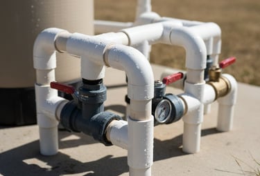 Close-up of pool plumbing and valves on an equipment pad in Leander, Texas