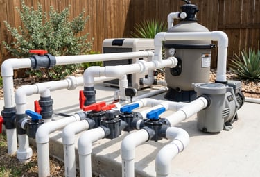 Clean pool plumbing and valves at a residential equipment pad in Round Rock TX