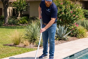 Clear, balanced pool water after a one-time cleaning service with technician notes left on deck