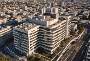 A large stack of colorful shipping containers is arranged neatly on an expansive paved area under a clear blue sky. The containers are primarily red, white, and blue, each labeled with various shipping company logos and identification marks.