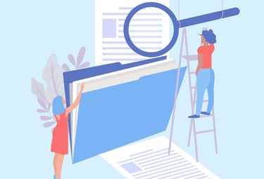 Illustration de deux personnes analysant un graphique avec une loupe.