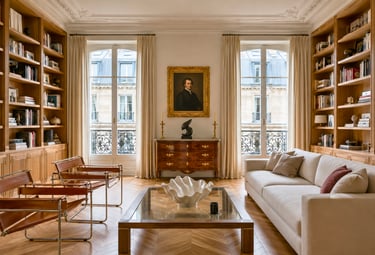 Salon haussmannien avec bibliothèques sur mesure et mobilier contemporain.