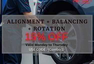 Car lifted for tire alignment, balancing, and rotation combo service with 15% off at Fast Tire Shop