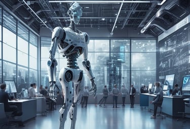 A private jet is parked on an airport tarmac. It is white with gold and blue detailing. The background features an expansive view of the airfield with distant trees and a hazy mountainous horizon. Orange traffic cones mark the area around the aircraft.