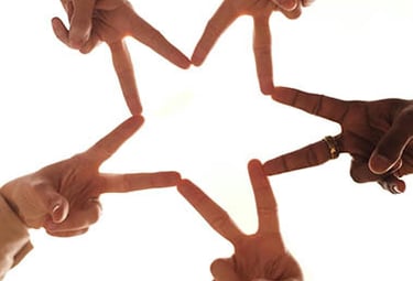 Workplace Culture, five hands create a star