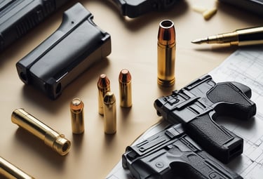 A close-up of various firearms displayed on a table for legal examination.