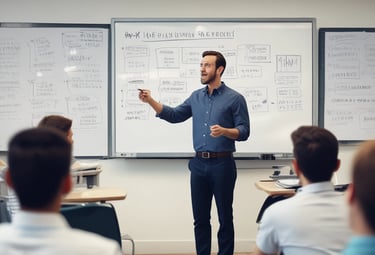 A man is standing on a stage in front of a backdrop with the text 'Social Media Marketing World'. He is wearing a patterned shirt and white pants, gesturing as he speaks. There is a podium with a microphone and two books on it. An audience is seated and listening attentively.