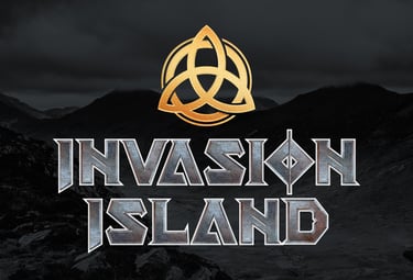 a black and gold logo with the words invasion island