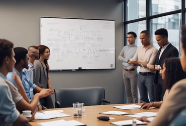diverse group in a board room with on person standing at the white board