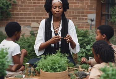 A vibrant booth displaying herbal products at a market.