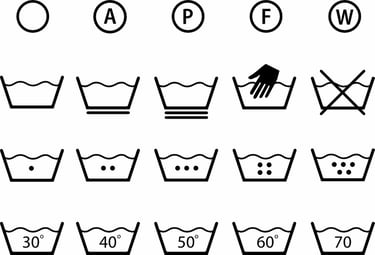 A set of laundry labels, with numbers and points. 