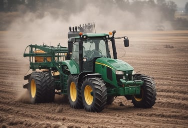 A large agricultural machine, likely a piece of farm equipment, is being operated in an outdoor setting. A green tractor with sizable yellow wheels is attached to a mechanical arm. The machinery is positioned on a gravel surface near a large white building with a garage door.