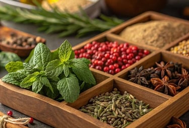 Diversidade de especiairias como anis, hortelã, zimbro e canela.