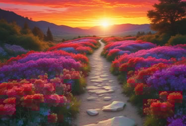 A scenic path leading towards a sunrise symbolizing personal transformation and achieving dreams wit