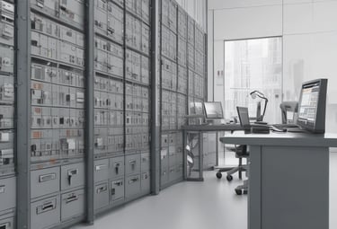 A monochromatic indoor scene featuring a consultation area with a modern design. Two people are seated at a long wooden table, working on laptops, while another person stands nearby. Bookshelves are visible beneath the table, and a sign reads 'Consultation Specialisee'. Overhead lighting and glass partitions add to the contemporary architectural style.