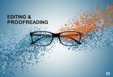 a pair of glasses with letters spelling out the words editing and proof reading