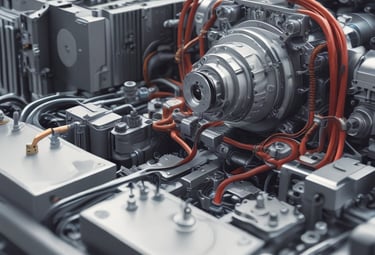 A close-up view of a hydraulic machine component with several interconnected metal pipes and hoses. The machinery appears heavily used, with visible dirt and oily residue coating parts of the structure. The main focus is on a central gear or joint caked in mud and oil, surrounded by a network of thick black cables and yellow metal framework.