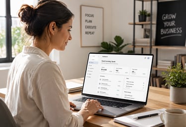 Business owner using a laptop to manage a financial dashboard for data analytics and workflow automation.