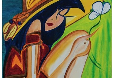 painting girl holding white flower