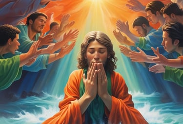 A church service or concert with a band performing on stage. The stage is illuminated with colorful lights and a prominent cross made of lights stands at the center. Musicians are playing instruments, including guitars and drums. The audience is seen sitting and standing, engaged with the performance.