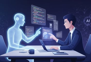 Futuristic illustration of human-AI collaboration in app development.