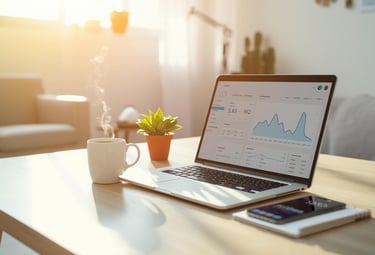 Modern laptop workspace with analytics dashboard and coffee