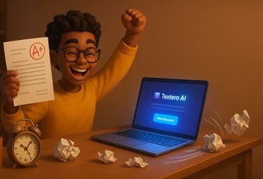 Student celebrating finished paper with Textero AI