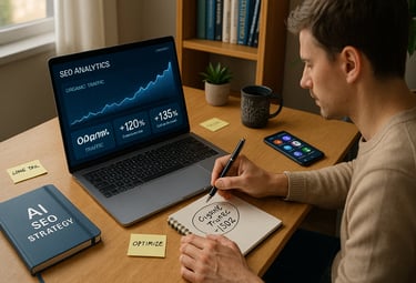 Business owner analyzing AI SEO dashboard on laptop, showing organic traffic growth