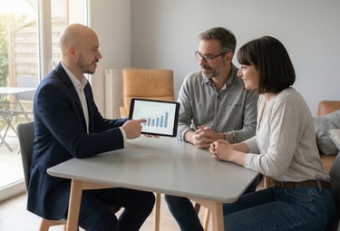 Conseiller immobilier présentant une estimation immobilière à des propriétaires à Élancourt