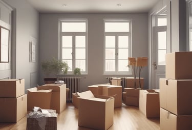 Workers carefully packing boxes and furniture inside a bright apartment.